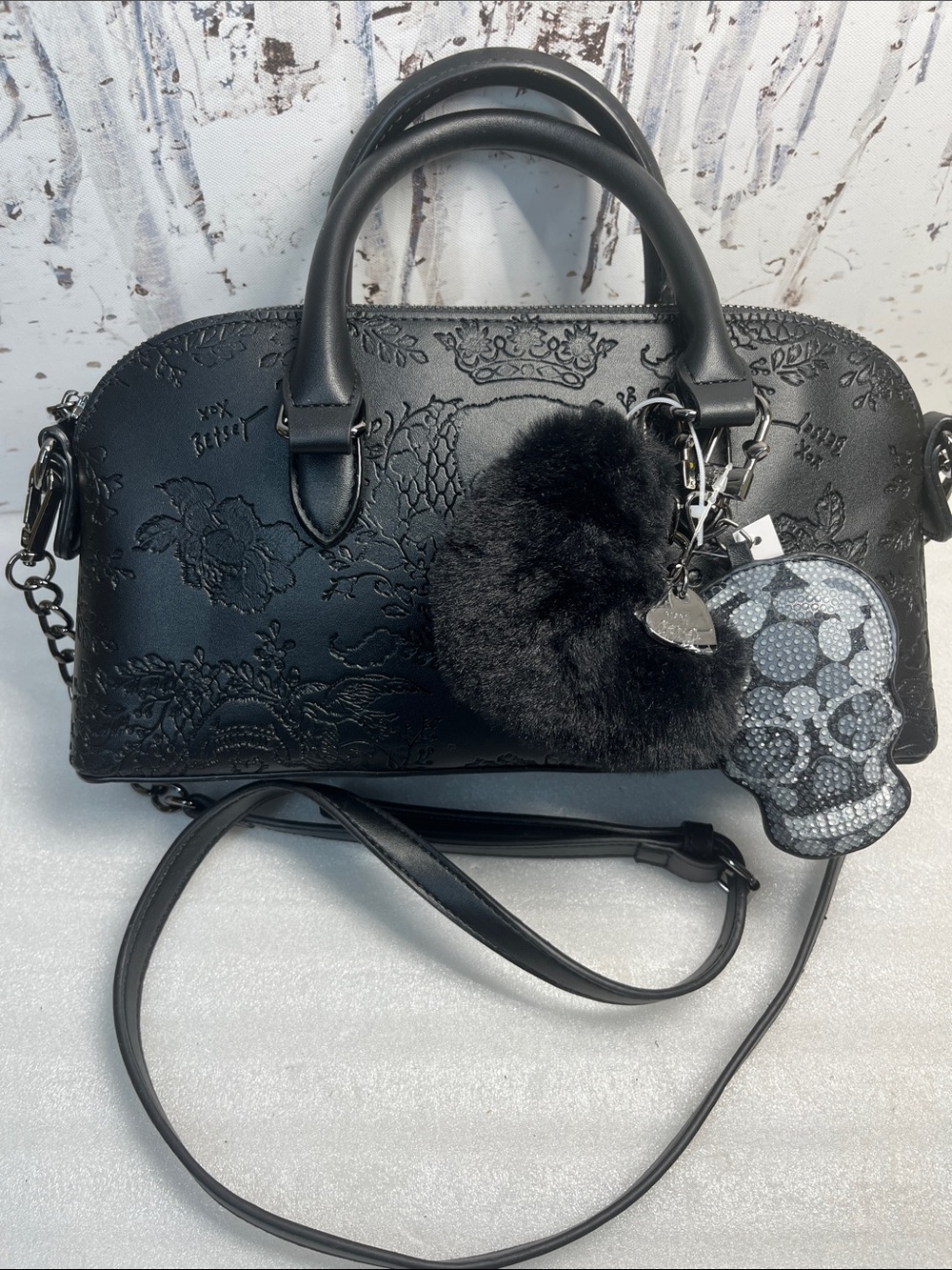 Betsey Johnson East West Satchel Black Skulls & Charms